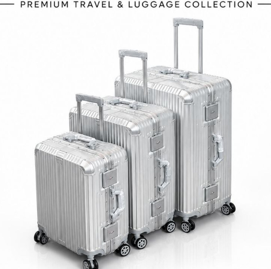 Silver three-piece aluminium luggage set supplied by West Travel Gear